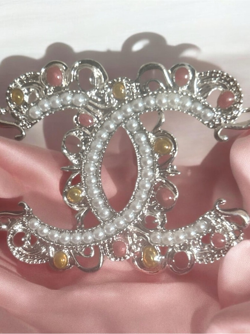Silver-Tone Pearl Double-Circle Brooch with Pink and Gold Accents